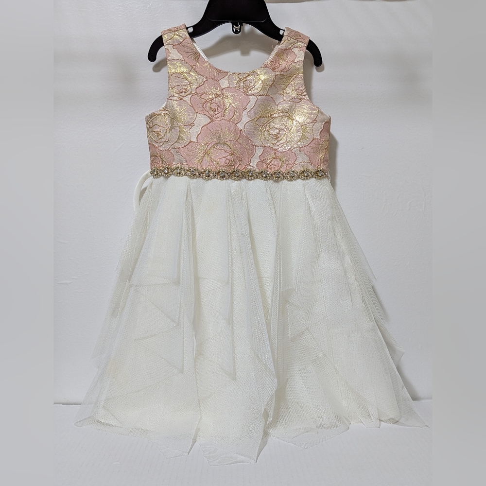 SZ 3T Couture Princess Toddler Pink & Gold Floral  Rhinestone-Accent Tulle Dress